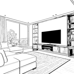 Stylischer TV-Schrank in modernem Wohnambiente Ausmalbild für kleine Einrichtungszauberer