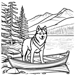 Husky auf dem Boot im malerischen See Ausmalvorlage für abenteuerliche Tierfreunde