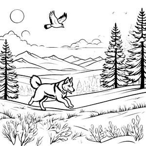 Spielerischer Husky in der idyllischen Landschaft Ausmalbild für abenteuerlustige Tierfreunde