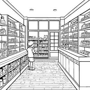 Lebendige Apotheke mit bunten Fläschchen Malvorlage für neugierige Entdecker