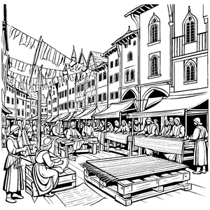 Geschäftiger Webermarkt mit fröhlichen Handwerkern Ausmalbild für kreative Entdecker