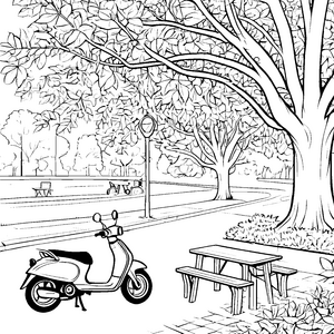 Klassisches Moped im sonnigen Stadtpark Ausmalmotiv für kleine Verkehrsfreunde