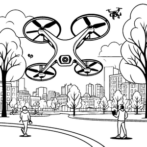 Futuristische Drohne über dem lebhaften Stadtpark Malvorlage für neugierige Technikfreunde