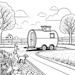 Gemütlicher Wohnwagen auf dem Land Ausmalbild für abenteuerlustige Entdecker