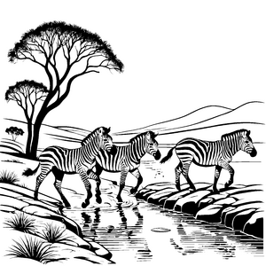 Drei fröhliche Zebrajungtiere beim Spritzen im Wasser Ausmalvorlage für kleine Entdecker