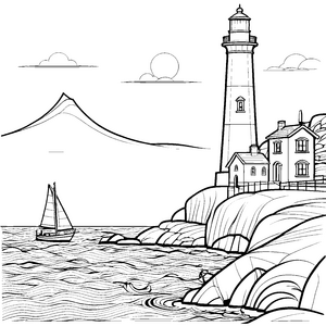 Leuchtturm an der Klippe mit Boot Ausmalbild für kleine Entdecker