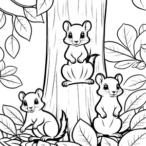 Drei süße Flughörnchen-Babys am Baum Ausmalbild für kleine Tierliebhaber