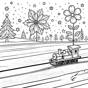 Frohe Weihnachtssterne über dem bunten Schienenweg Ausmalbild für kleine Weihnachtszauberer