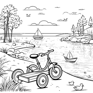 Abenteuerliches Trike am glitzernden See Ausmalvorlage für kleine Entdecker