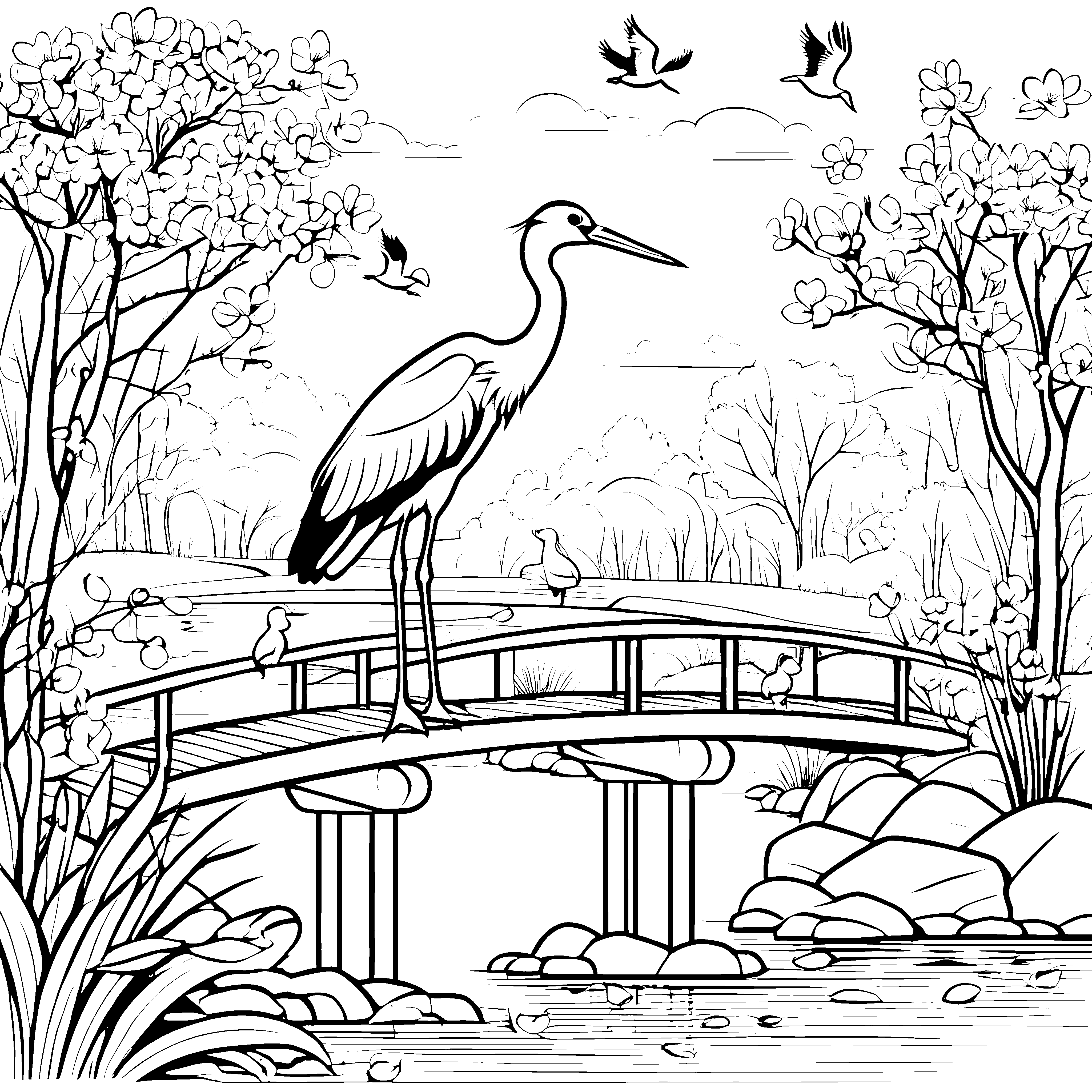 Storch auf der malerischen Brücke Ausmalmotiv für kreative Naturentdecker