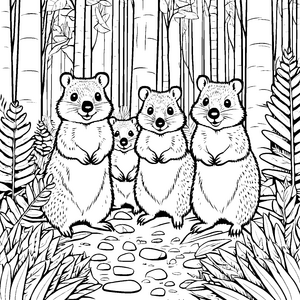 Fröhliche Quokkas im grünen Wald Ausmalvorlage für kleine Naturfreunde