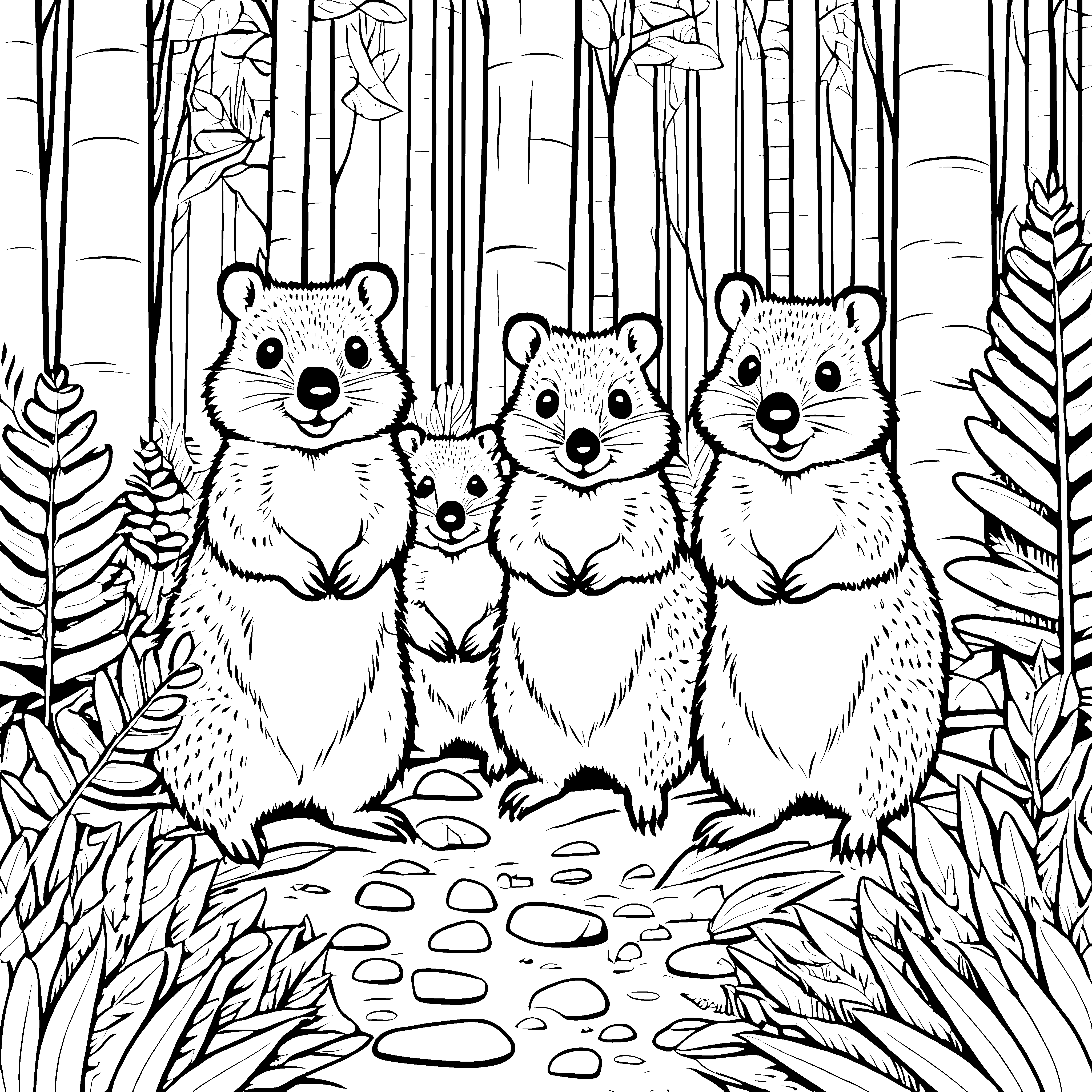 Fröhliche Quokkas im grünen Wald Ausmalvorlage für kleine Naturfreunde