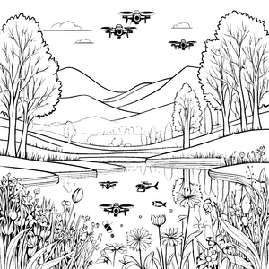 Spannende Drohnen über blühendem Teich Ausmalbild für neugierige Himmelsforscher