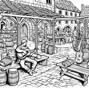 Barden spielen fröhlich in der Altstadt Ausmalbild für musikalische Entdecker