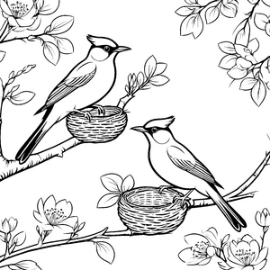 Summselige Vögel in bunten Blütenausmalbild für kreative Nestbauer