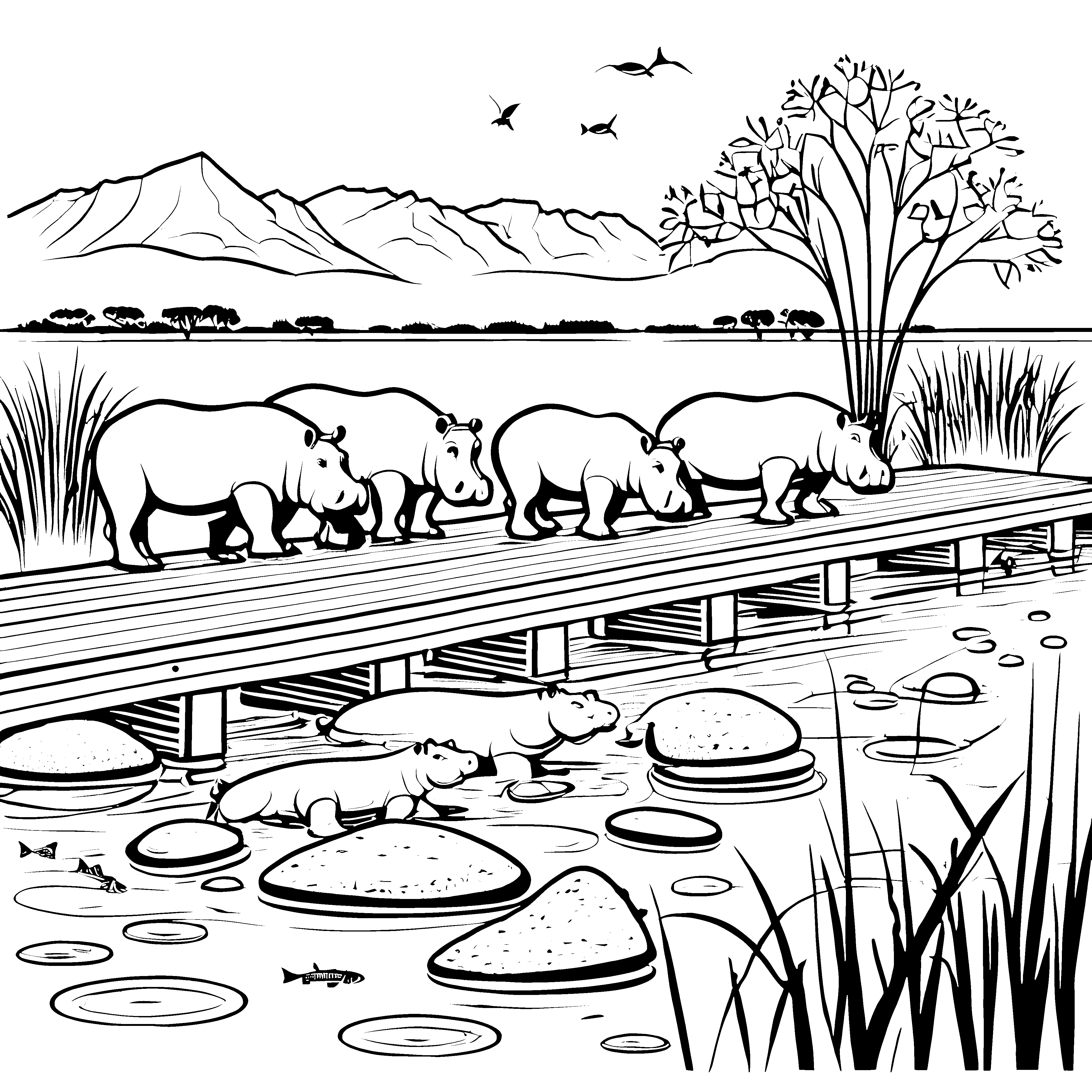 Harmonisches Nilpferde-Picknick am ruhigen Fluss Ausmalvorlage für neugierige Tierliebhaber