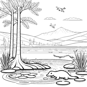 Niedliches Schnabeltier am schimmernden Wasser Ausmalmotiv für kreative Naturfreunde