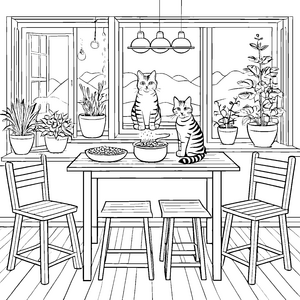 Katzen bei köstlichem Fressvergnügen Ausmalvorlage für genussvolle Entdecker