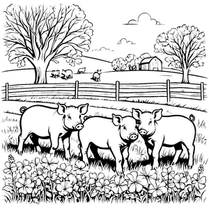 Fröhliche Ferkel beim Spielen im bunten Blumenfeld Ausmalvorlage für neugierige Tierentdecker