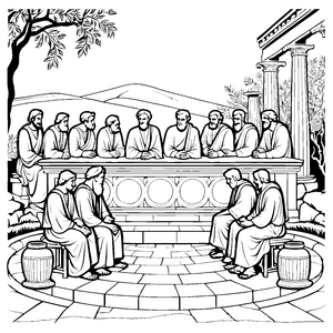 Philosophische Runde unter alten Bäumen Ausmalbild für wissbegierige Denker