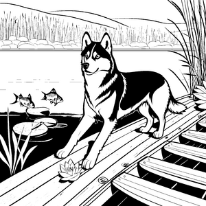 Husky am ruhigen See mit verspielten Fischen Ausmalbild für abenteuerliche Tierfreunde