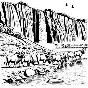 Gruppendynamik der Gnus am glitzernden Wasser Ausmalvorlage für neugierige Tierfreunde