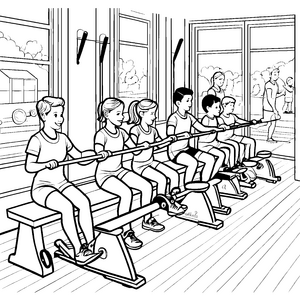 Gruppentraining auf Rudergeräten für aktive Sportler Ausmalbild für junge Fitnessfans