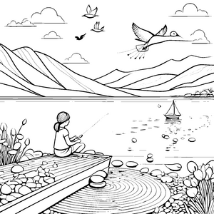 Anglerin beim entspannenden Fischen am malerischen See Ausmalvorlage für kreative Naturentdecker