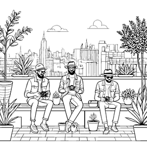 Stylische Hipster mit Kameras auf der Dachterrasse Ausmalbild für kreative Entdecker