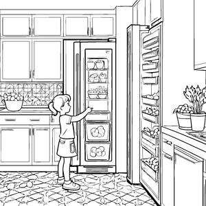 Frostiger Gefrierschrank voller frischer Früchte Ausmalvorlage für kleine Küchenchefs