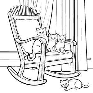 Schmusekatzen auf gemütlichem Schaukelstuhl Ausmalbild für liebevolle Tierfreunde