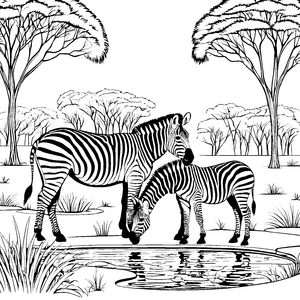 Zwei neugierige Zebras am glitzernden Wasserloch Ausmalvorlage für abenteuerliche Tierfreunde