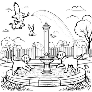 Spritzende Welpen am fröhlichen Brunnen Ausmalbild für kleine Tierfreunde