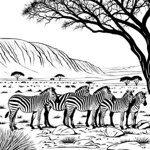 Scharfes Zebra-Rudel unter dem weitläufigen Baum-Ausmalmotiv für kleine Naturfreunde