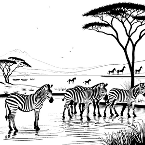 Lebhafte Zebras am glitzernden Wasser Malvorlage für abenteuerlustige Künstler