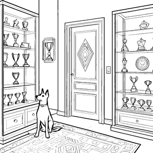 Trophäenschrank mit glanzvollen Pokalen Ausmalvorlage für neugierige Entdecker