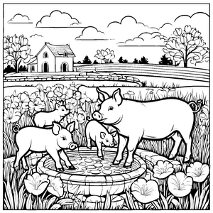 Plätschernde Schweine am spritzenden Wasserbecken Ausmalvorlage für neugierige Bauernhof-Fans
