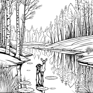 Zartes Rehkitz am glitzernden Teich Malvorlage für fantasievolle Naturfreunde