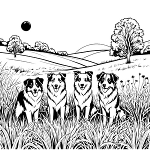 Fröhliche Australian Shepherds im saftigen Gras Ausmalbild für neugierige Tierliebhaber