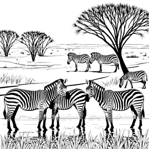 Verspielte Zebras am friedlichen Wasserloch Malvorlage für neugierige Tierforscher