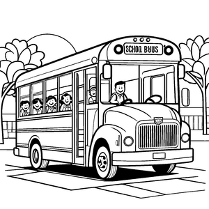 Fröhlicher Busfahrer mit lächelnden Fahrgästen Ausmalbild für kleine Entdecker