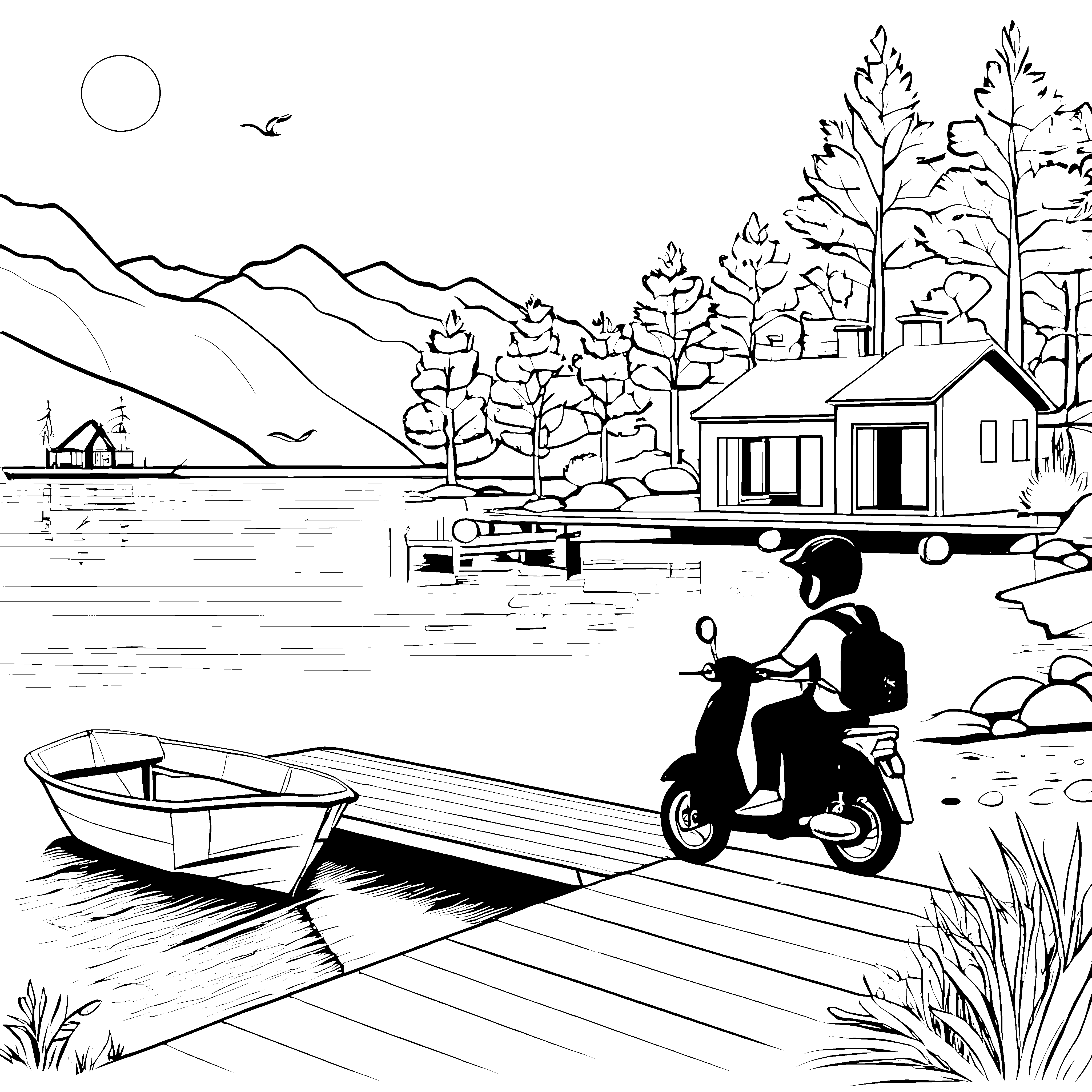 Landschaftlich gelegene Mopeds am ruhigen See Ausmalbild für abenteuerlustige Naturfreunde