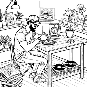 Kreativer Hipster bei der Schallplatten-Werkstatt Ausmalbild für stilvolle Entdecker