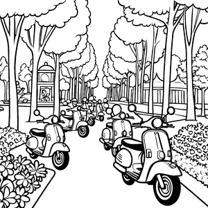 Bunte Mopeds auf der sonnigen Promenade Ausmalbild für abenteuerlustige Entdecker