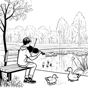 Kreativer Junge spielt Geige am malerischen Teich Ausmalbild für musikalische Entdecker