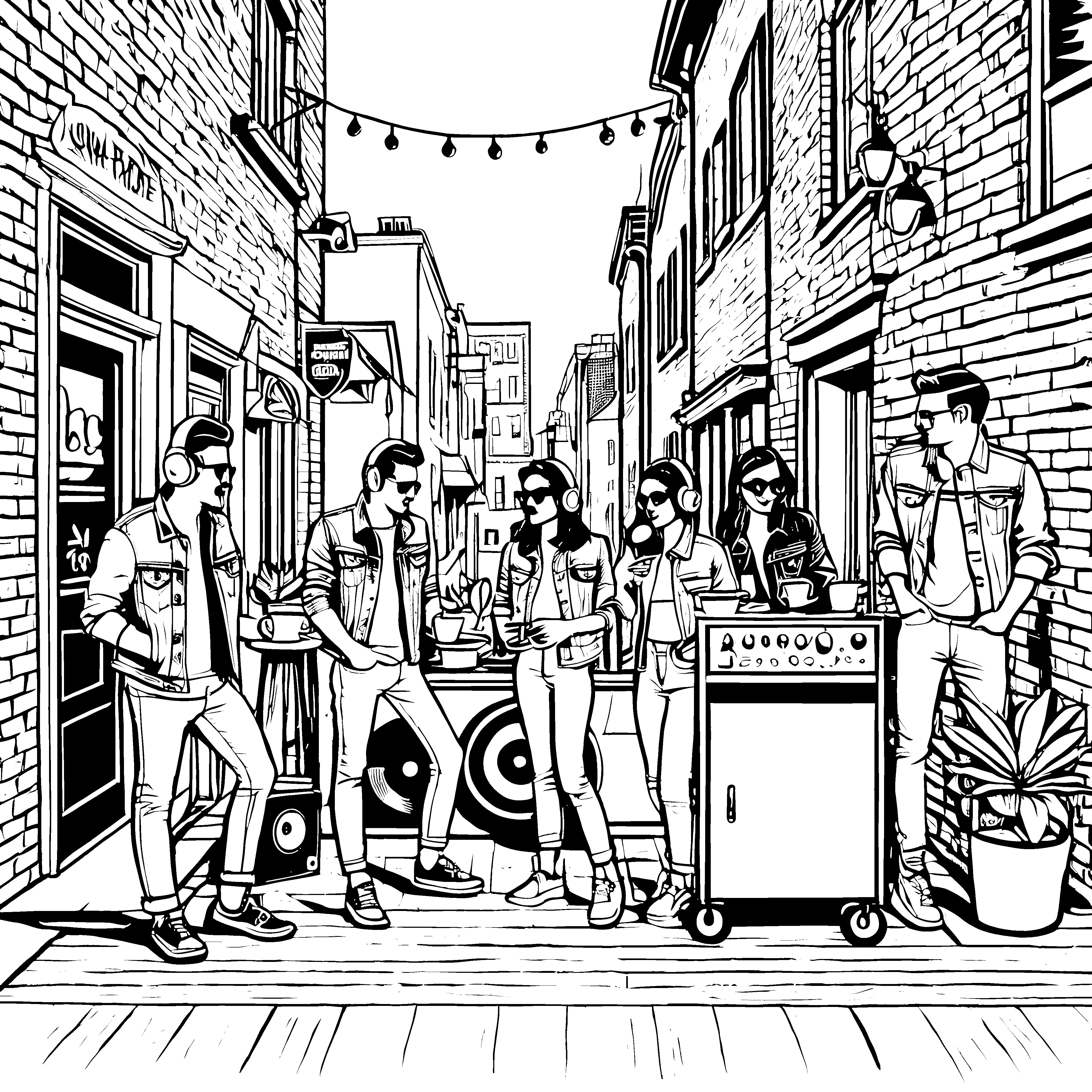 Trendige Hipster-Gruppe beim Straßenfest Ausmalvorlage für stylische Entdecker