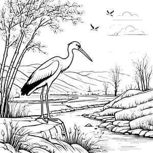 Eleganter Storch am ruhigen Fluss Ausmalmotiv für fantasievolle Künstler