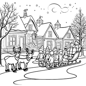 Fröhliche Kinder mit Rentiere vor festlichem Haus Ausmalvorlage für kreative Weihnachtsfreunde