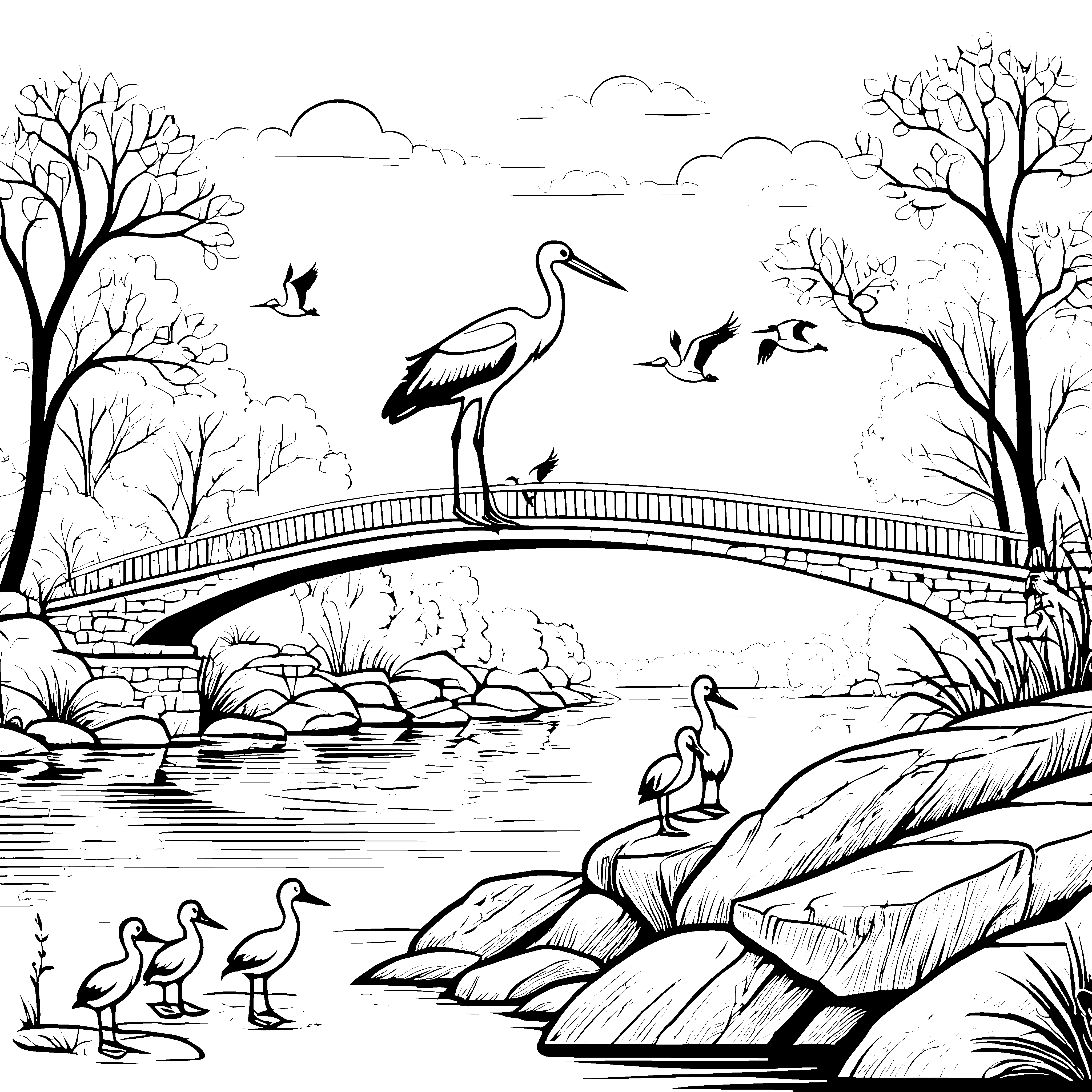 Storch auf malerischer Brücke Malvorlage für kleine Naturliebhaber