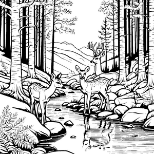 Sanfte Rehe am glitzernden Bach Ausmalvorlage für fantasievolle Naturforscher